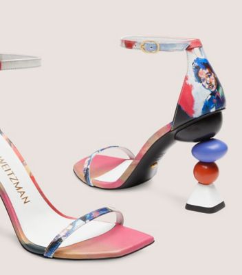 Stuart Weitzman,SW x KidSuper Nudistcurve Sandal,Sandal,Printed smooth calf leather,Coral Multi,Detailed View