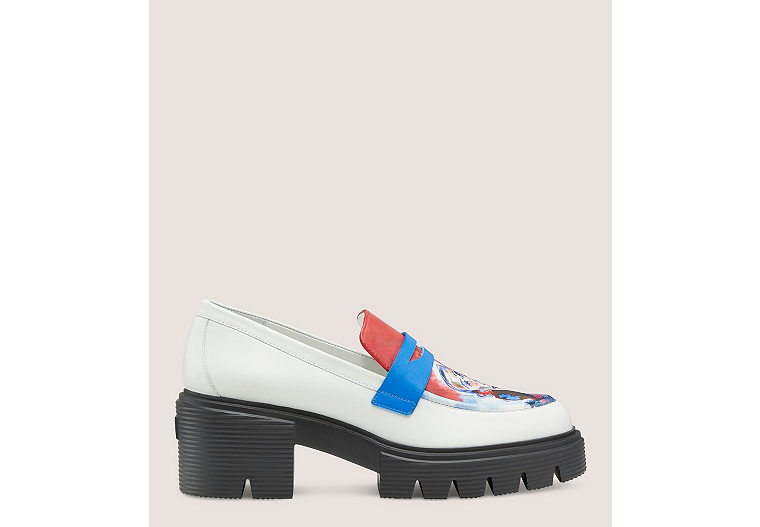 Stuart Weitzman,SW x KidSuper Soho Loafer,Loafer,Printed smooth calf leather,White & Coral Multi,Front View