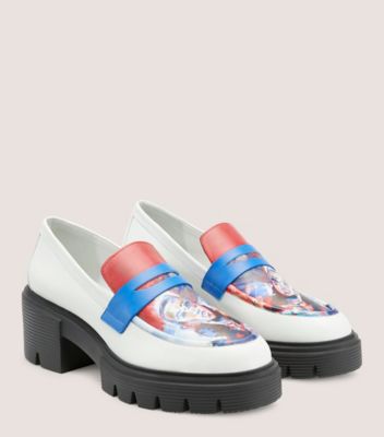 Stuart Weitzman,SW x KidSuper Soho Loafer,Loafer,Printed smooth calf leather,White & Coral Multi,Angle View
