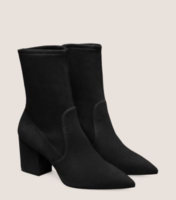 Stuart Weitzman,AVENUE 75 BLOCK SOCK BOOTIE,Suede,Bootie,Fabric,Flexible,Cocktail,Black,Angle View