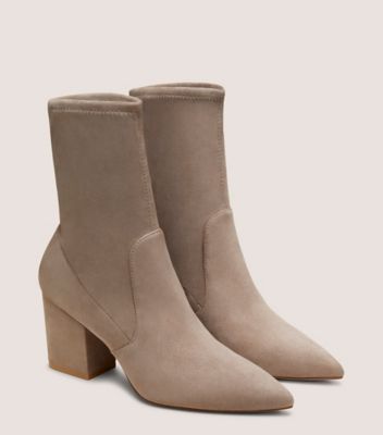 Stuart Weitzman,AVENUE 75 BLOCK SOCK BOOTIE,Suede,Bootie,Fabric,Flexible,Cocktail,Beige