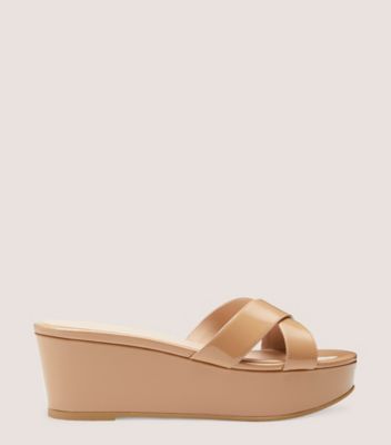 Stuart Weitzman,AVENUE 65 FLATFORM WEDGE SLIDE,Beige,Front View