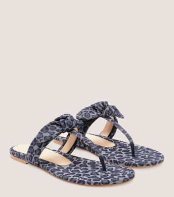 Stuart Weitzman,BANDEAU T-STRAP SLIDE,Denim,Leather,Rubber,Flip Flops,Bow,Casual,,Angle View