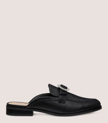Stuart Weitzman,CRYSTAL BUCKLE MULE,Leather,Mules,Loafer,Flats,Crystal,Notched Embellishment,Rhinestones,Silver Metal,Day ...,Black,Front View