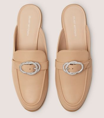 Stuart Weitzman,CRYSTAL BUCKLE MULE,Leather,Mules,Loafer,Flats,Crystal,Notched Embellishment,Rhinestones,Silver Metal,Day ...,Beige,Top View