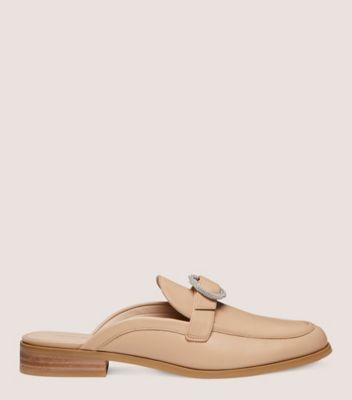 Stuart Weitzman,CRYSTAL BUCKLE MULE,Leather,Mules,Loafer,Flats,Crystal,Notched Embellishment,Rhinestones,Silver Metal,Day ...,Beige,Front View