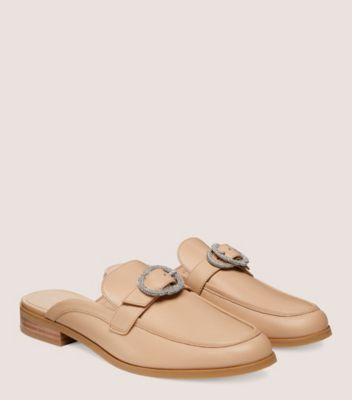 Stuart Weitzman,CRYSTAL BUCKLE MULE,Leather,Mules,Loafer,Flats,Crystal,Notched Embellishment,Rhinestones,Silver Metal,Day ...,Beige,Angle View