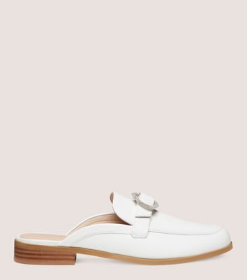 Stuart Weitzman,CRYSTAL BUCKLE MULE,Leather,Mules,Loafer,Flats,Crystal,Notched Embellishment,Rhinestones,Silver Metal,Day ...,White,Front View