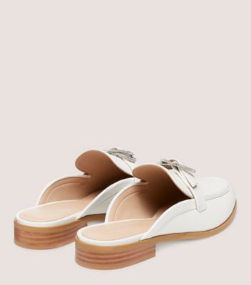 Stuart Weitzman,CRYSTAL BUCKLE MULE,Leather,Mules,Loafer,Flats,Crystal,Notched Embellishment,Rhinestones,Silver Metal,Day ...,White