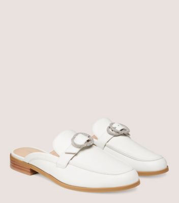 Stuart Weitzman,CRYSTAL BUCKLE MULE,Leather,Mules,Loafer,Flats,Crystal,Notched Embellishment,Rhinestones,Silver Metal,Day ...,White