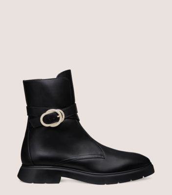 Stuart Weitzman,CRYSTAL BUCKLE ZIP BOOTIE,Rubber,Leather,Bootie,Crystal,Rhinestones,Pull Tab,Silver Metal,Day Party,Black