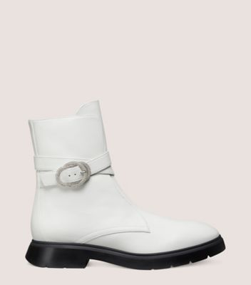 Stuart Weitzman,CRYSTAL BUCKLE ZIP BOOTIE,Rubber,Leather,Bootie,Crystal,Rhinestones,Pull Tab,Silver Metal,Day Party,White,Front View