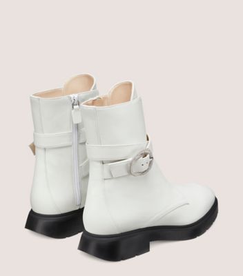 Stuart Weitzman,CRYSTAL BUCKLE ZIP BOOTIE,Rubber,Leather,Bootie,Crystal,Rhinestones,Pull Tab,Silver Metal,Day Party,White,Back View