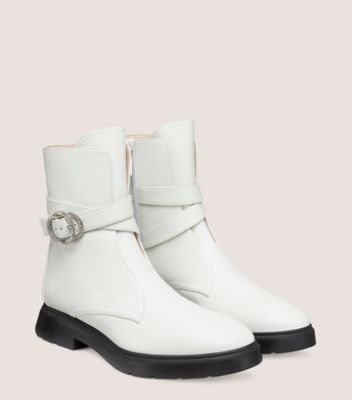 Stuart Weitzman,CRYSTAL BUCKLE ZIP BOOTIE,Rubber,Leather,Bootie,Crystal,Rhinestones,Pull Tab,Silver Metal,Day Party,White,Angle View