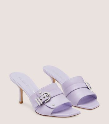 Stuart Weitzman,MAVERICK 75 SLIDE,Leather,Slides,Studded,Gunmetal,Day Party,Lavender,Angle View