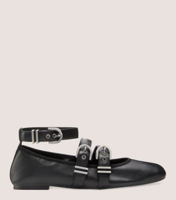 Stuart Weitzman,Maverick Ballet Flat,Flat,Lacquered nappa & ribbon,Black,Front View