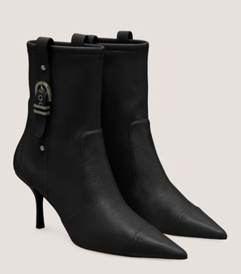 Stuart Weitzman,STUART MAVERICK 75 BOOTIE,Leather,Nappa Leather,Bootie,Studded,Pull Tab,Cocktail,Black,Angle View