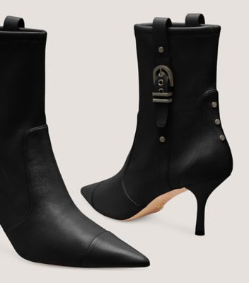 Stuart Weitzman,STUART MAVERICK 75 BOOTIE,Leather,Nappa Leather,Bootie,Studded,Pull Tab,Cocktail,Black,Detailed View