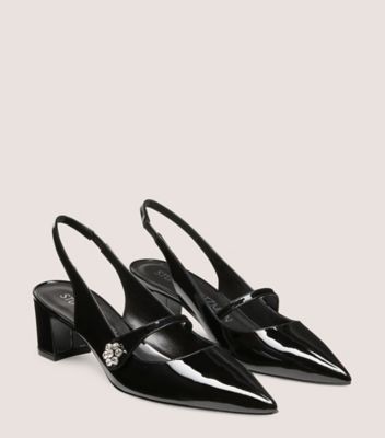 Stuart Weitzman,Crystal Fleur 50 Block Slingback,Pump,Patent leather,Black,Angle View