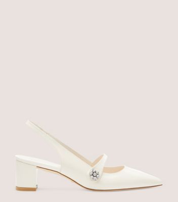 White Leather-Look Slingback Mid Block Heel Court Shoes