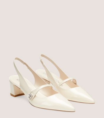 White Leather-Look Slingback Mid Block Heel Court Shoes