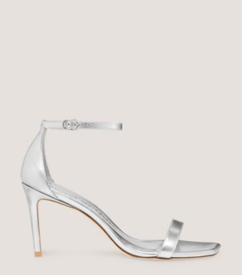 Stuart Weitzman,NUNAKEDCURVE 85 SANDAL,Sandal,Liquid Metallic Leather,Silver,Front View