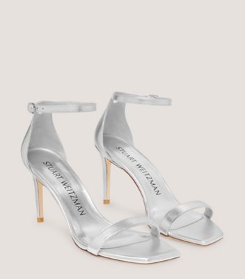 Stuart Weitzman,NUNAKEDCURVE 85 SANDAL,Leather,Sandals,Formal,Metallic,Silver,Angle View