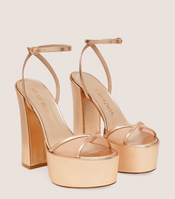 Stuart Weitzman,NOCHE SKYHIGH 145 PLATFORM SANDAL,Leather,Mesh,Sandals,Mesh,Party,Gold,Metallic,Angle View