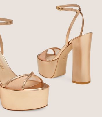 Stuart Weitzman,NOCHE SKYHIGH 145 PLATFORM SANDAL,Leather,Mesh,Sandals,Mesh,Party,Gold,Metallic,Detailed View