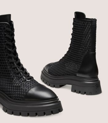 Stuart Weitzman,BEDFORD MESH LACE-UP BOOTIE,Leather,Mesh,Combat,Leather Embellishment,Pull Tab,Casual,Black