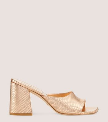 Stuart Weitzman,TIA 85 FLAREBLOCK SLIDE,Leather,Slides,Formal,Champagne,Metallic,Front View