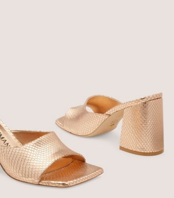 Stuart Weitzman,TIA 85 FLAREBLOCK SLIDE,Leather,Slides,Formal,Champagne,Metallic,Detailed View