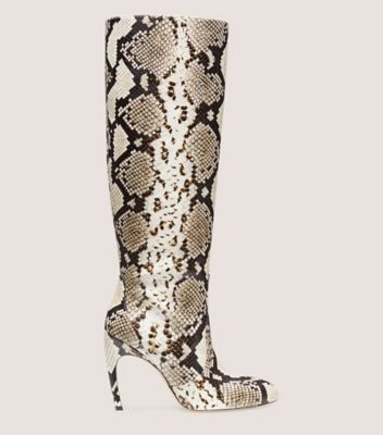 Stuart Weitzman,Botte à tige molle Luxecurve 100,Boot,Cuir embossé à imprimé boa,Crème et avoine,Front View