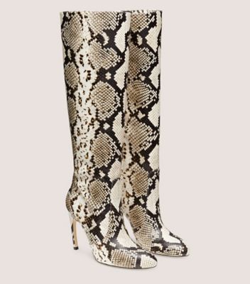 Stuart Weitzman,Luxecurve 100 Slouch Boot,Boot,Printed boa embossed leather,Cream & Oat,Angle View