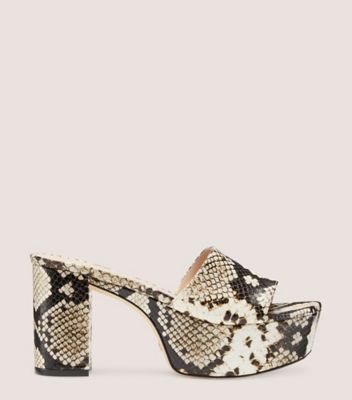 Stuart Weitzman,Squarehigh Platform 95 Slide,Slide,Printed boa embossed leather,Cream & Oat,Front View