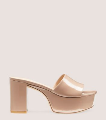 Stuart Weitzman,SQUAREHIGH PLATFORM 95 SLIDE,Leather,Slides,Party,Beige,Front View