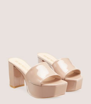 Stuart Weitzman,SQUAREHIGH PLATFORM 95 SLIDE,Leather,Slides,Party,Beige