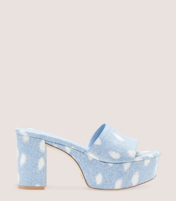 Stuart Weitzman,Squarehigh Platform 95 Slide,Slide,Leopard printed denim,Light Wash Denim