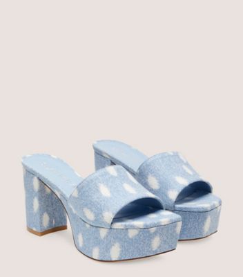 Stuart Weitzman,SQUAREHIGH PLATFORM 95 SLIDE,Denim,Leather,Slides,Party,,Angle View