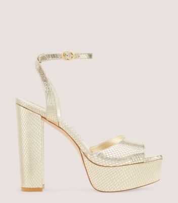 Stuart Weitzman,Ryder II Platform Sandal,Sandal,Metallic snake embossed leather,Platino Gold,Front View