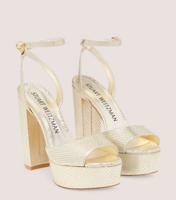 Stuart Weitzman,Ryder II Platform Sandal,Sandal,Metallic snake embossed leather,Gold,Metallic,Angle View