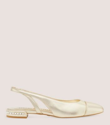 Stuart Weitzman,Soulier à bride arrière avec cristaux,Flat,Cuir métallique liquide,Or pâle,Front View