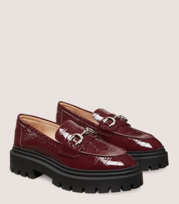 Stuart Weitzman,Owen Buckle Ultra Lug Loafer,Loafer,Patent croc embossed leather,Cabernet,Angle View