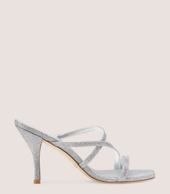 Stuart Weitzman,STRAPEZE 85 SLIDE,Leather,Slides,Glitter,Formal,Metallic,Silver,Front View