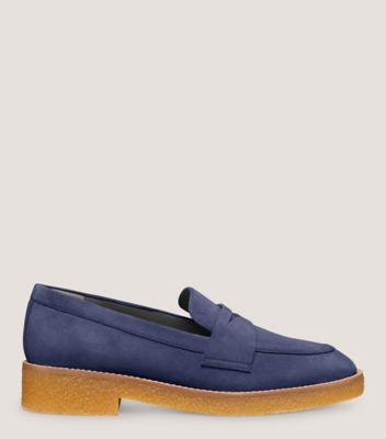 Stuart Weitzman,KINGSTON LOAFER,Suede,Flats,Loafer,Penny Loafer,Notched Embellishment,Day Party,Navy,Front View