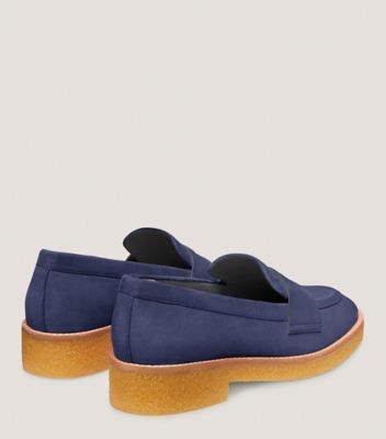 Stuart Weitzman,KINGSTON LOAFER,Suede,Flats,Loafer,Penny Loafer,Notched Embellishment,Day Party,Navy,Back View