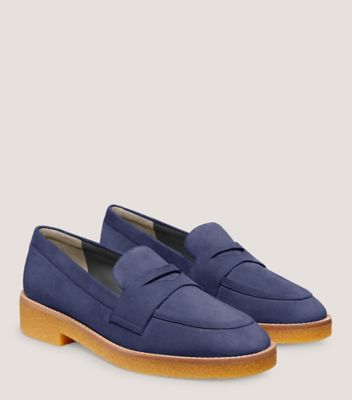 Stuart Weitzman,KINGSTON LOAFER,Suede,Flats,Loafer,Penny Loafer,Notched Embellishment,Day Party,Navy,Angle View