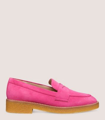 Stuart Weitzman,KINGSTON LOAFER,Suede,Flats,Loafer,Penny Loafer,Notched Embellishment,Day Party,Fuchsia,Front View