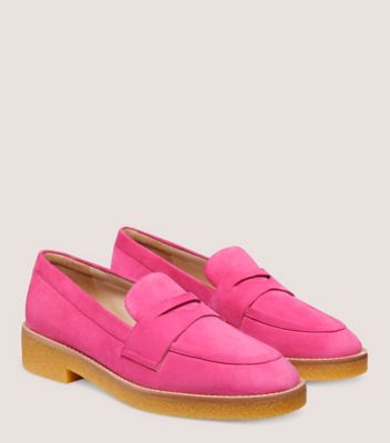 Stuart Weitzman,KINGSTON LOAFER,Suede,Flats,Loafer,Penny Loafer,Notched Embellishment,Day Party,Fuchsia