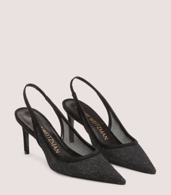 Stuart Weitzman,Stuart 75 Slingback Pump,Pump,Sparkle mesh & suede,Black,Angle View